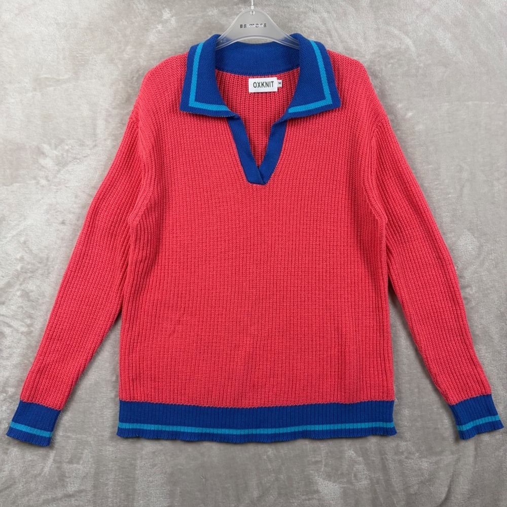 OXKNIT Womens M Pink Blue Ribbed Cotton Polo Sweater Pullover Dopamine Dressing